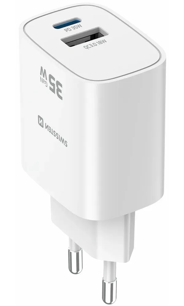 Swissten Síťový Adaptér Edge GaN 1x USB-C PD 35W + 1x USB-A 18W QC Bílý