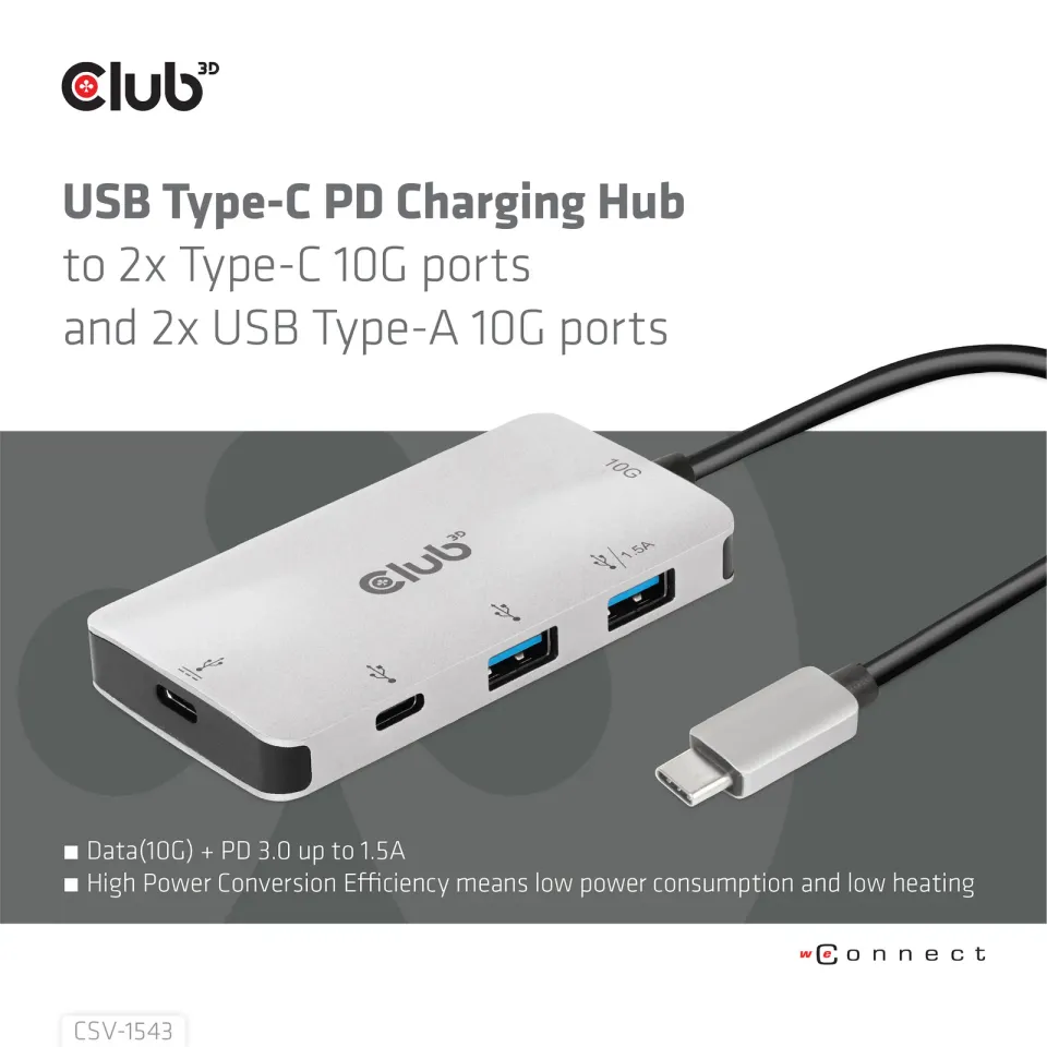 Club3D hub USB-C Gen2 PD na 2x USB-C 10G porty a 2x USB-A 10G porty