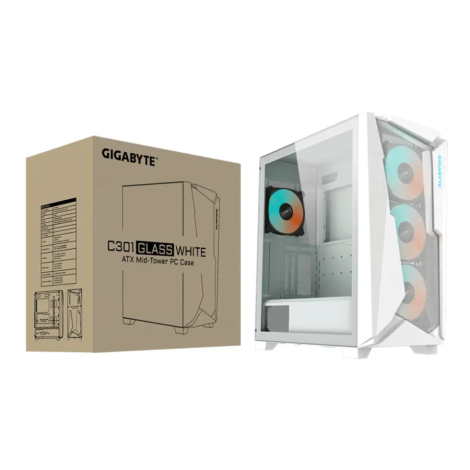 GIGABYTE skrín case GB-C301GW, RGB Lighting, bez zdroje, transparentní bok, Mid