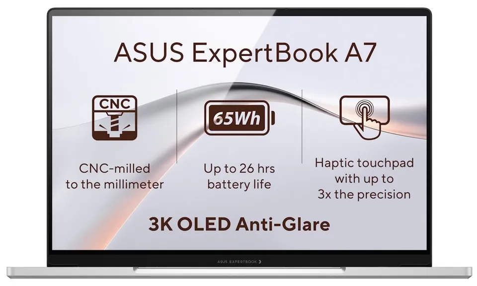 ASUS ExpertBook A7/ Core 7 350/ 16GB DDR5/ 512GB SSD/ Intel Graphics/ 14"WQXGA+, OLED/ W11H/ stříbrný/ 3y onsite NBD