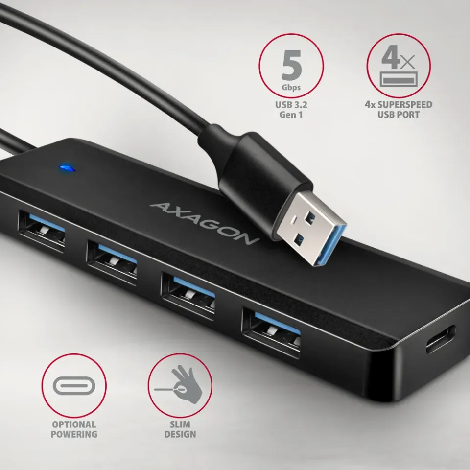 AXAGON HUE-C1A cestovní čtyřportový USB-A 5Gbps hub/USB-C konektor pro externí n