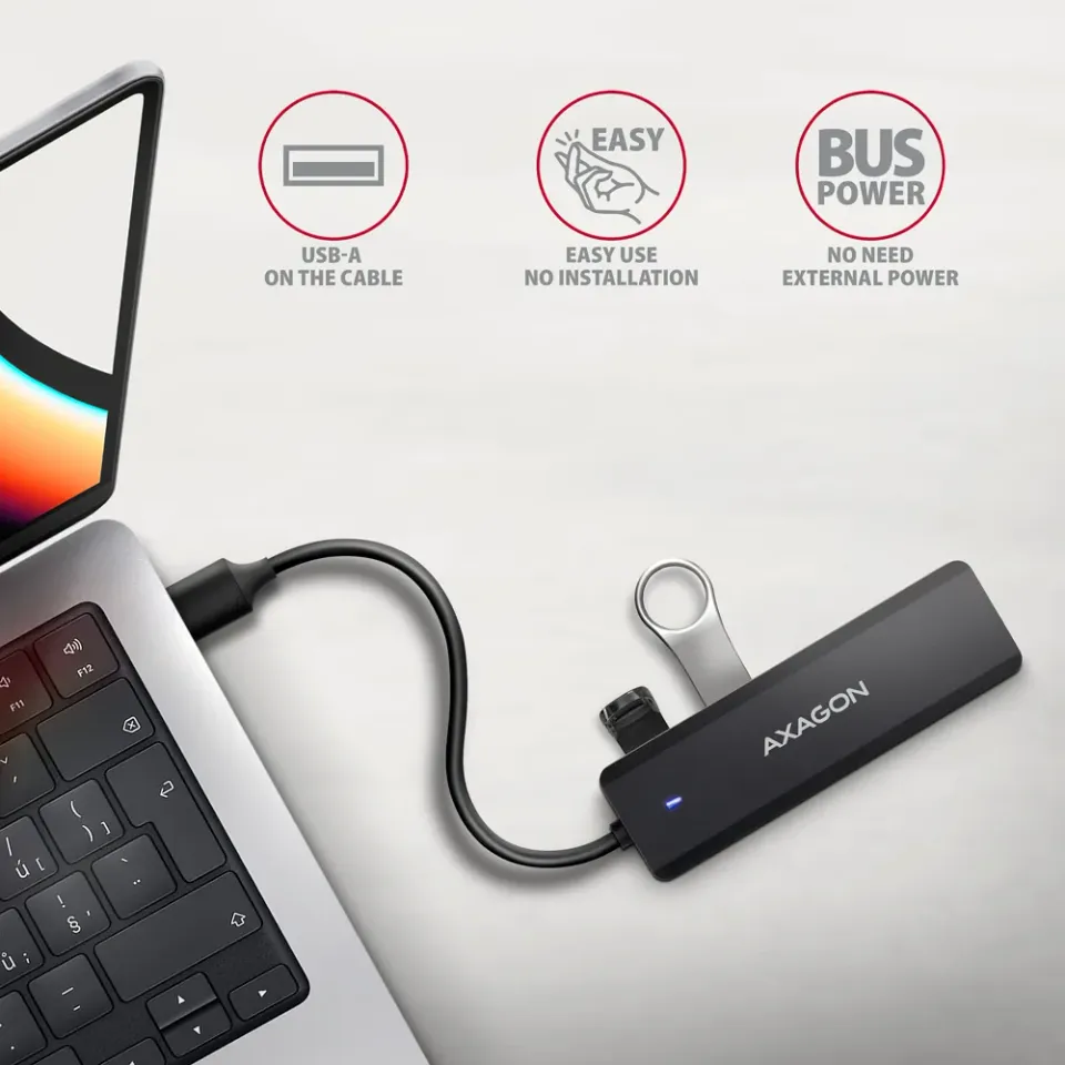 AXAGON HUE-C1A cestovní čtyřportový USB-A 5Gbps hub/USB-C konektor pro externí n
