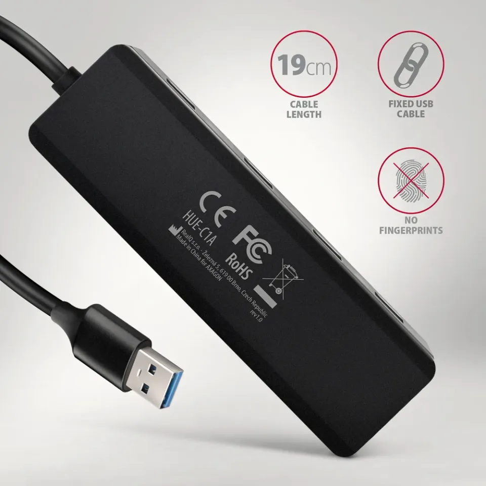 AXAGON HUE-C1A cestovní čtyřportový USB-A 5Gbps hub/USB-C konektor pro externí n