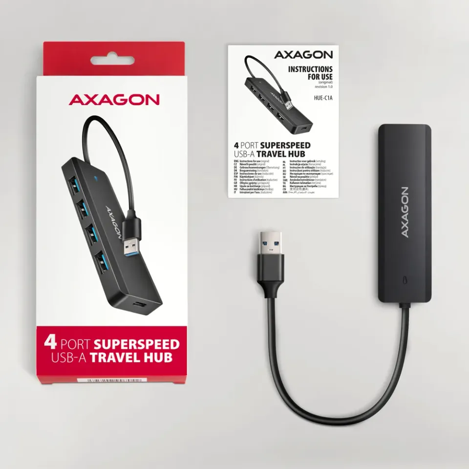 AXAGON HUE-C1A cestovní čtyřportový USB-A 5Gbps hub/USB-C konektor pro externí n