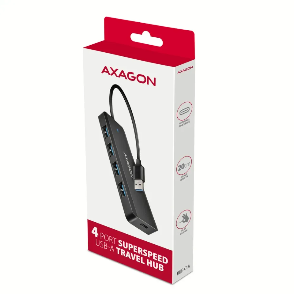AXAGON HUE-C1A cestovní čtyřportový USB-A 5Gbps hub/USB-C konektor pro externí n