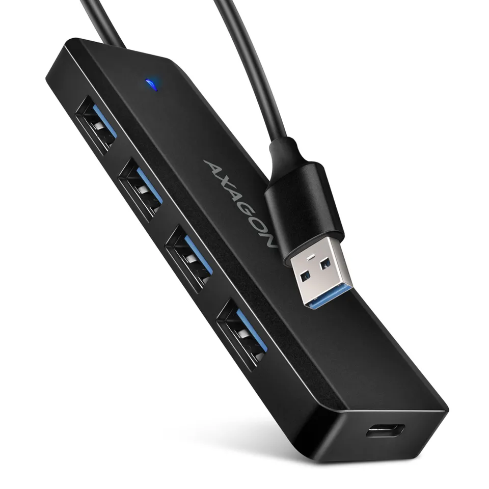 AXAGON HUE-C1A cestovní čtyřportový USB-A 5Gbps hub/USB-C konektor pro externí n