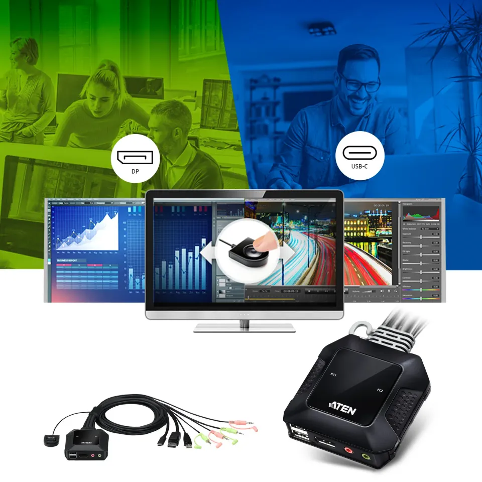 ATEN 2-port 4K USB-C/Displayport Hybrid KVMP, audio, 1.2m kabely