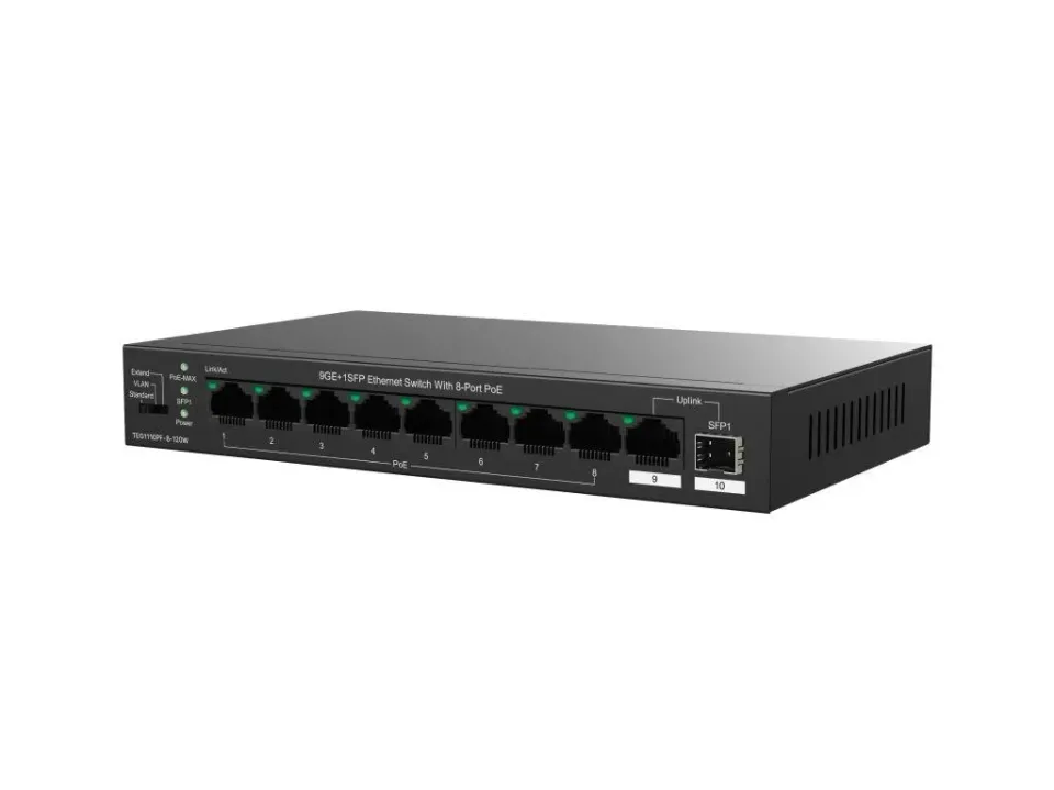 Tenda TEG1110PF-8-120W PoE+ AT switch 8xPoE 802.3af/at + Uplink RJ45 + SFP port, 110W, PoE+, fanless