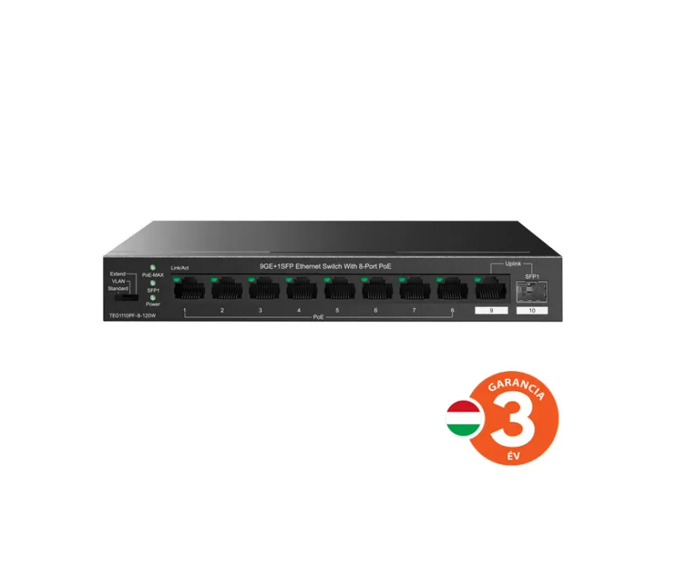 Tenda TEG1110PF-8-120W PoE+ AT switch 8xPoE 802.3af/at + Uplink RJ45 + SFP port, 110W, PoE+, fanless