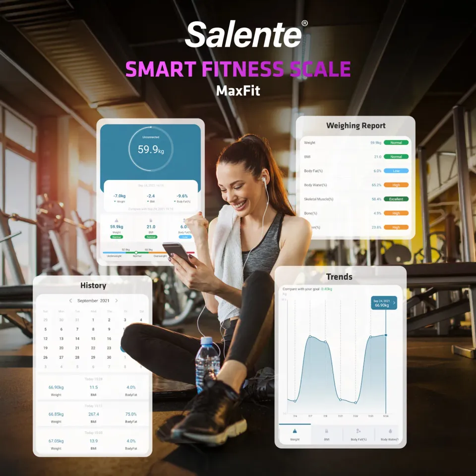 Salente MaxFit, chytrá osobní diagnostická fitness váha, Bluetooth, černá