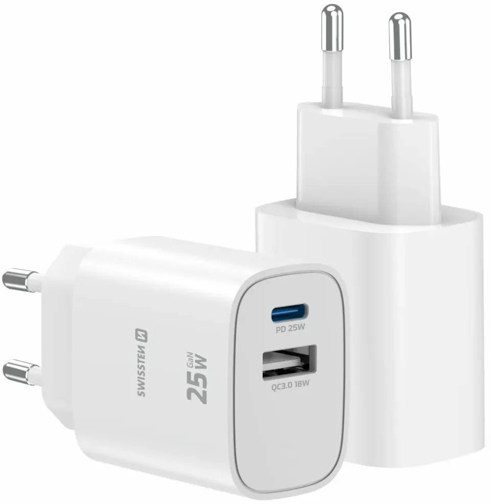 Swissten Síťový Adaptér Edge GaN 1x USB-C PD 25W + 1x USB-A 18W QC Bílý