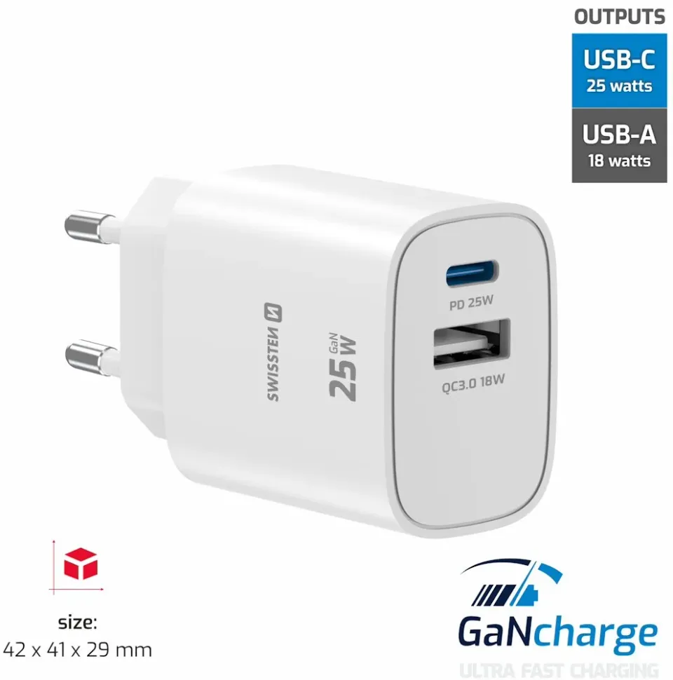 Swissten Síťový Adaptér Edge GaN 1x USB-C PD 25W + 1x USB-A 18W QC Bílý