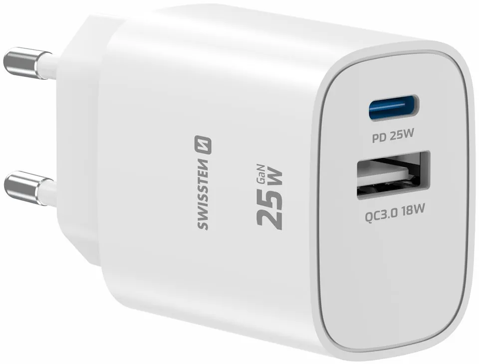 Swissten Síťový Adaptér Edge GaN 1x USB-C PD 25W + 1x USB-A 18W QC Bílý