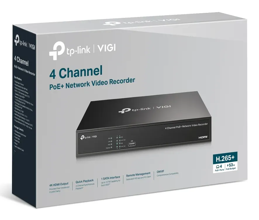 TP-LINK VIGI NVR1004H-4P-2TB Záznamové zařízení, 4 kanály, 4x Lan s PoE, 2x USB,