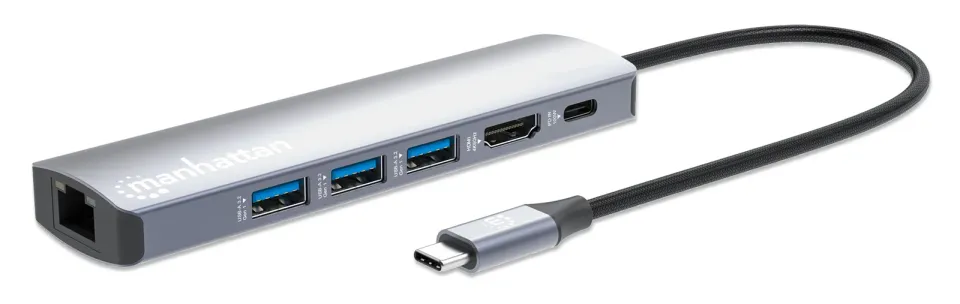 MANHATTAN Dokovací stanice USB-C 6v1, 1xHDMI, 1xUSB-C, 3xUSB, 1xRJ45, šedá