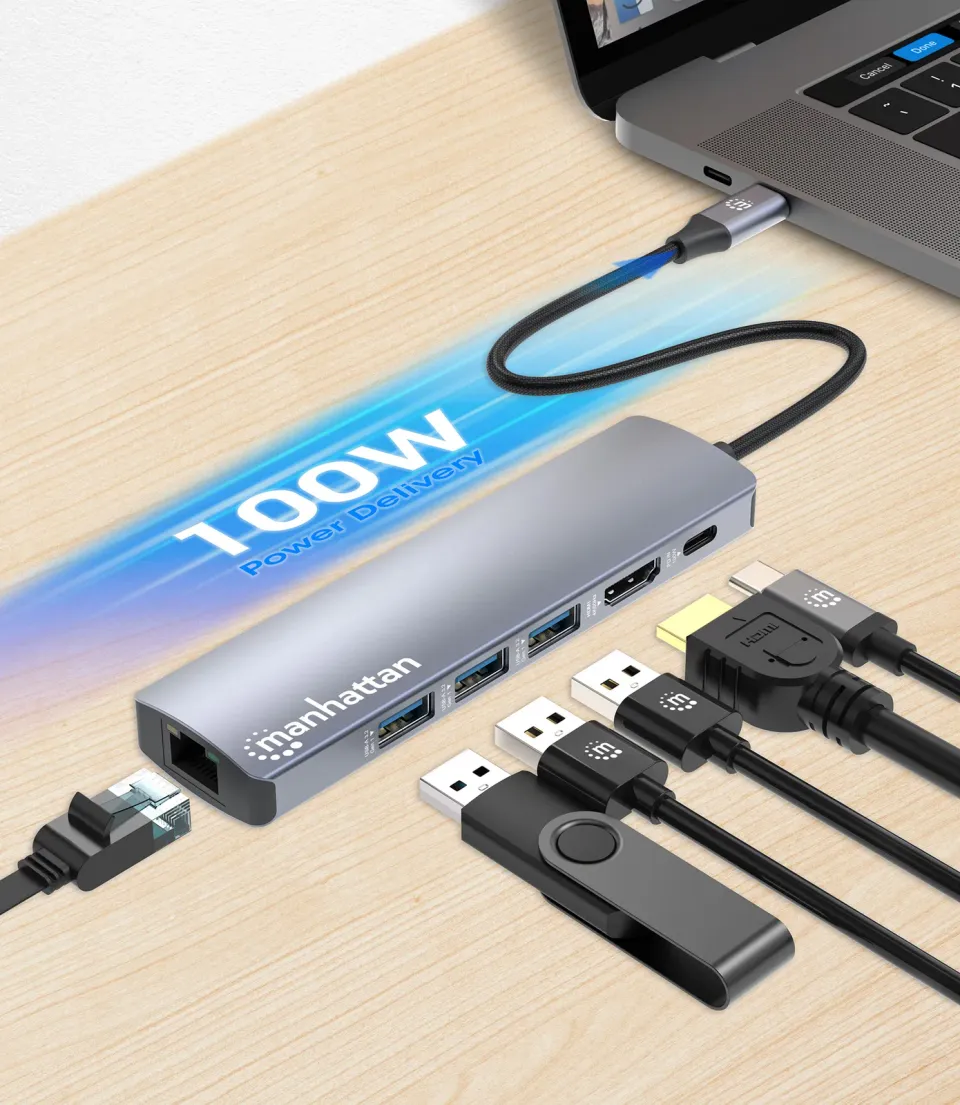 MANHATTAN Dokovací stanice USB-C 6v1, 1xHDMI, 1xUSB-C, 3xUSB, 1xRJ45, šedá