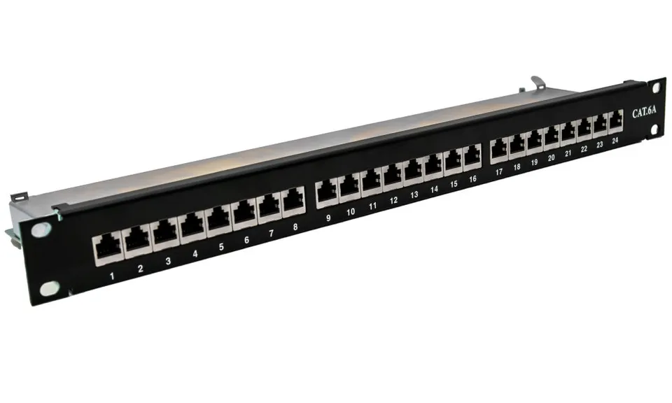 XtendLan Patch panel 19", 24 portů, Cat6a, stíněný, černý