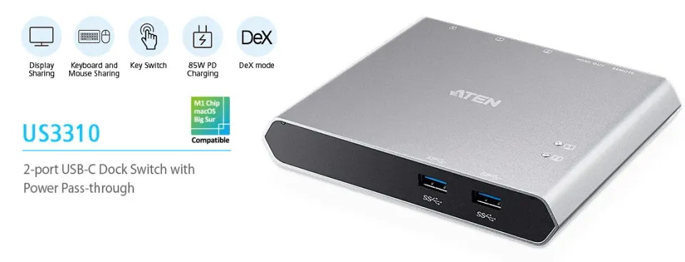 Aten 2-Port USB-C Dock Switch with Power Pass-through