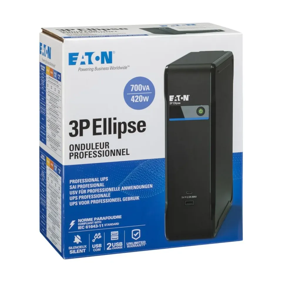Eaton 3P Ellipse UPS DIN USB, 700VA, 420W, Vstup: C14, Výstupy: (3) Typ E, (1) Pouze přepěťová ochrana Typ E, Tower