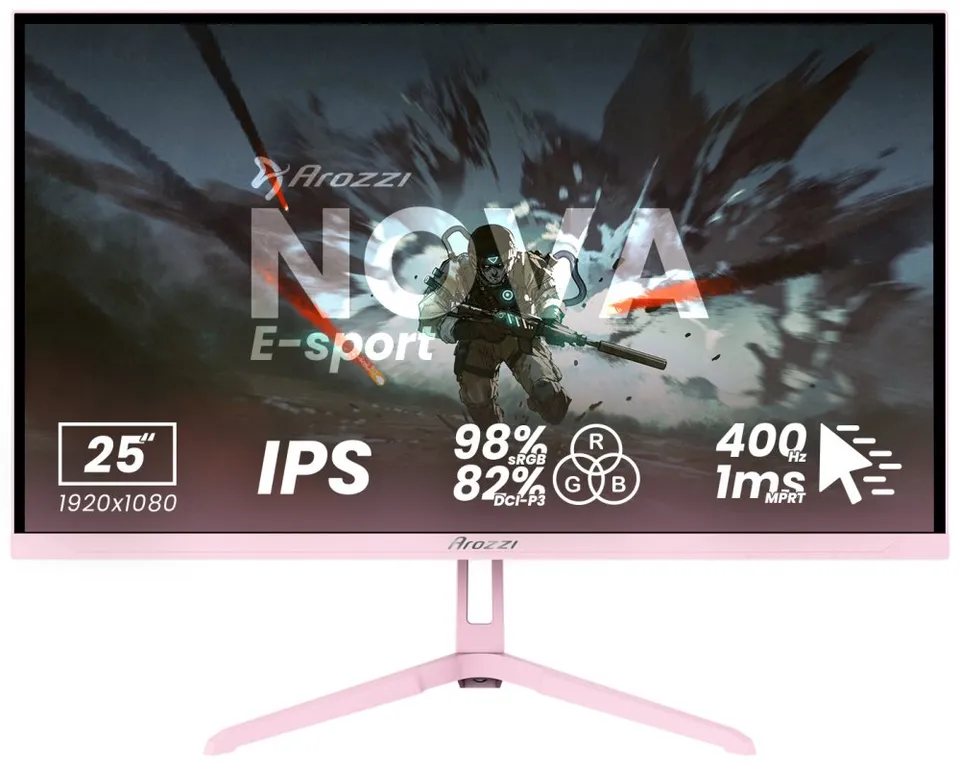 AROZZI NOVA herní monitor 24,5" 25T1K400 Pink/ LED/ IPS/ 1920x1080/ 400Hz/ 1000:1/ 1ms/ 2xHDMI/ 2xDP/ růžový