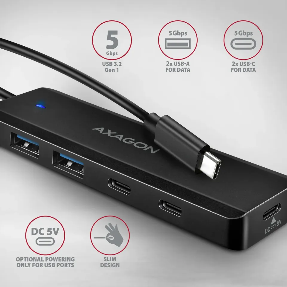 AXAGON HUE-C2C, 4× USB 5Gbps TRAVEL hub, 2× USB-A + 2× USB-C, USB-C napájení, ka