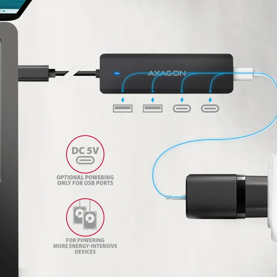 AXAGON HUE-C2C, 4× USB 5Gbps TRAVEL hub, 2× USB-A + 2× USB-C, USB-C napájení, ka