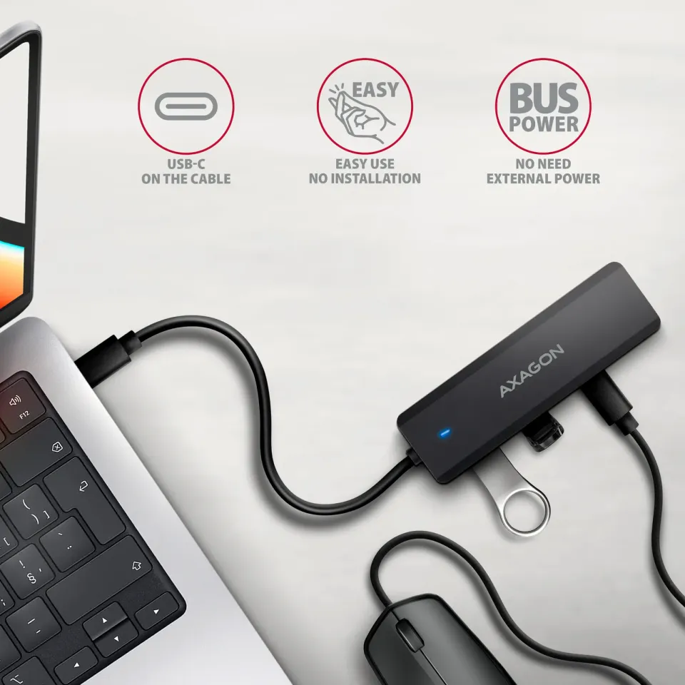 AXAGON HUE-C2C, 4× USB 5Gbps TRAVEL hub, 2× USB-A + 2× USB-C, USB-C napájení, ka