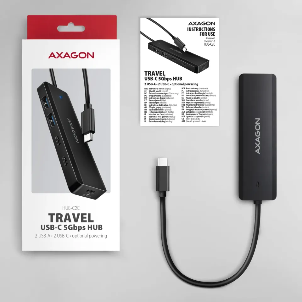 AXAGON HUE-C2C, 4× USB 5Gbps TRAVEL hub, 2× USB-A + 2× USB-C, USB-C napájení, ka