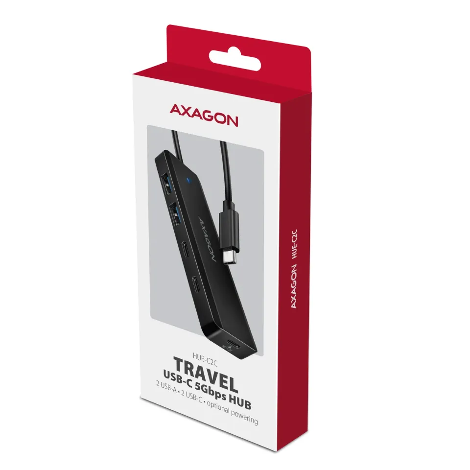 AXAGON HUE-C2C, 4× USB 5Gbps TRAVEL hub, 2× USB-A + 2× USB-C, USB-C napájení, ka