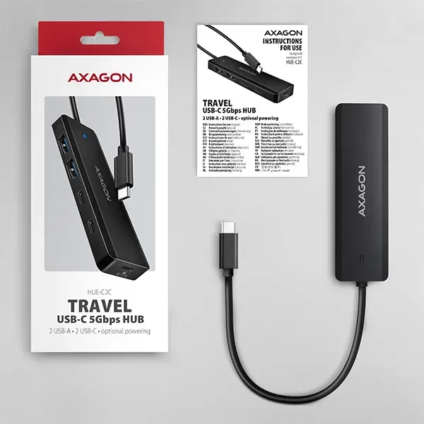 AXAGON HUE-C2C, 4× USB 5Gbps TRAVEL hub, 2× USB-A + 2× USB-C, USB-C napájení, ka