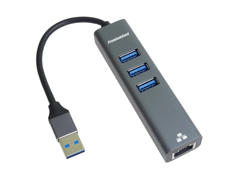 PremiumCord adaptér USB3.0 -> LAN RJ45 ETHERNET 10/100/1000 MBIT + 3x USB3.0 por