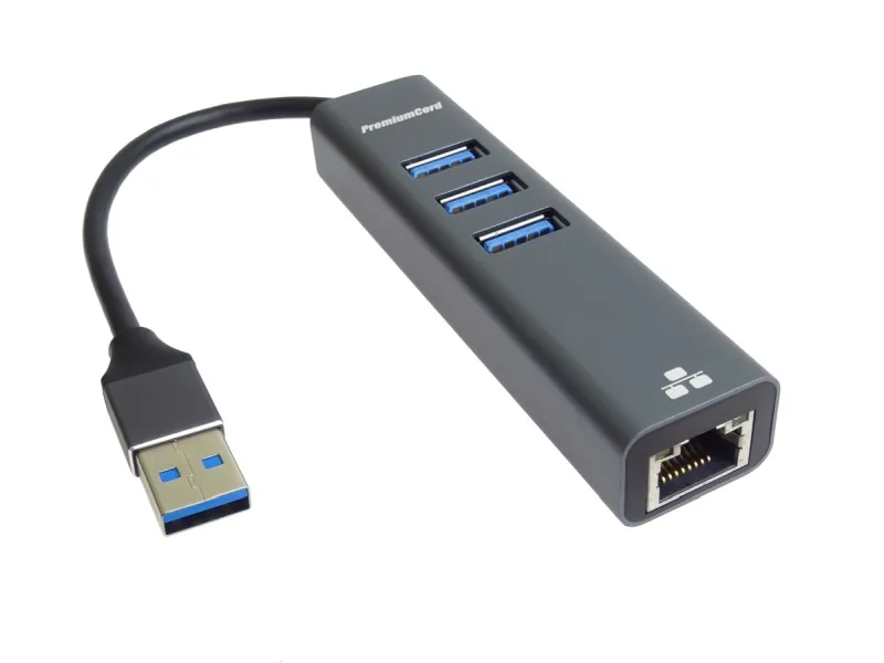 PremiumCord adaptér USB3.0 -> LAN RJ45 ETHERNET 10/100/1000 MBIT + 3x USB3.0 por