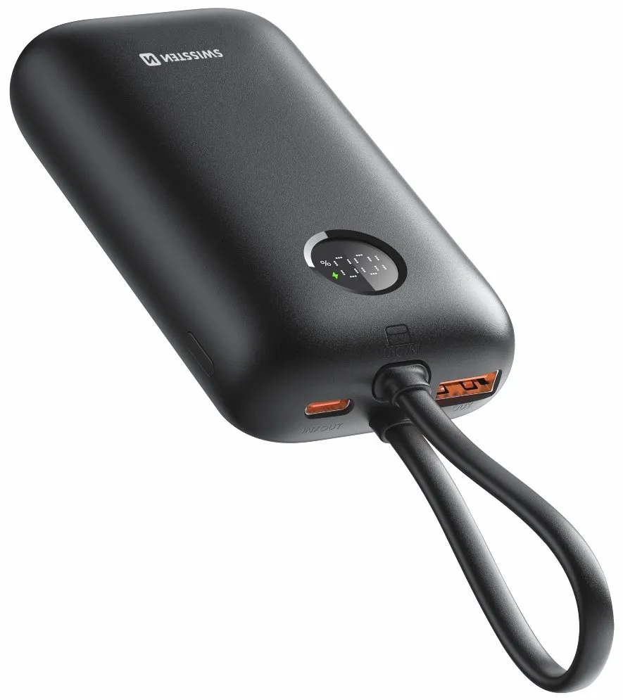 Swissten Power bank VOLTBOX 35W 10000 mAh s integrovanými kabely - USB-C, A, Lightning / černá