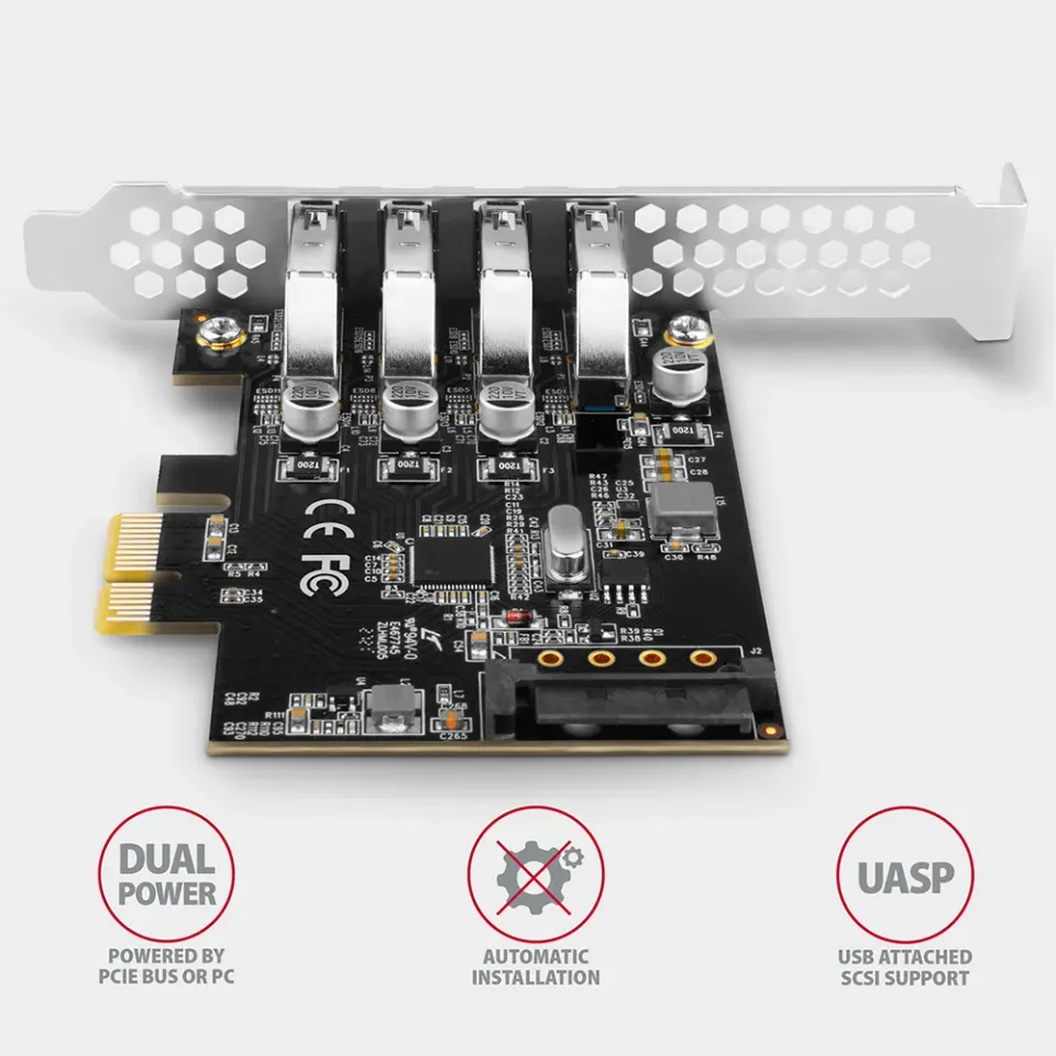 AXAGON PCEU-43RS, PCIe řadič, 4x USB 3.2 Gen 1 port, 5 Gbps, napájení z PCIe neb