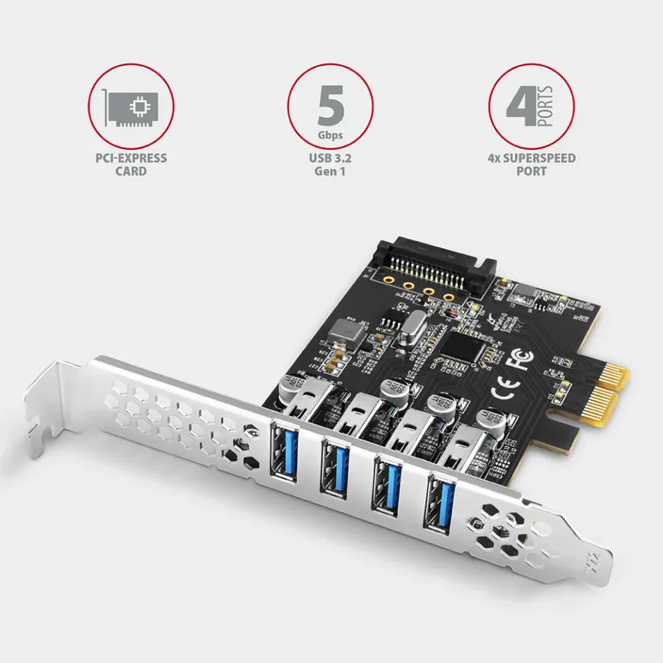 AXAGON PCEU-43RS, PCIe řadič, 4x USB 3.2 Gen 1 port, 5 Gbps, napájení z PCIe neb