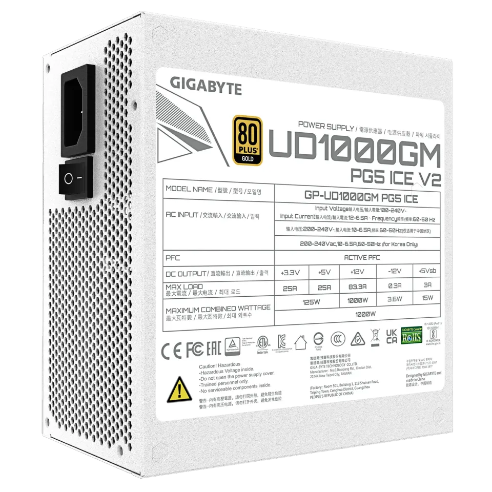 GIGABYTE zdroj UD1000GM PG5 ICE 1000W, 120mm, Plně modulární, 80 Plus Gold, ATX 3.1