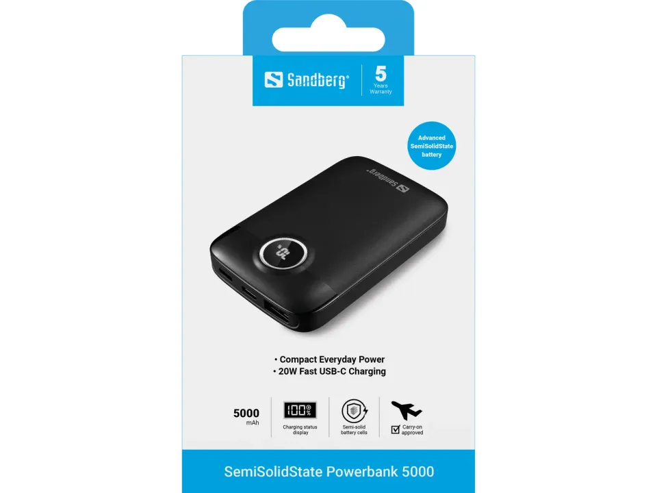 Sandberg SemiSolidState Powerbank 5000 mAh PD20W, kompaktní powerbanka, černá