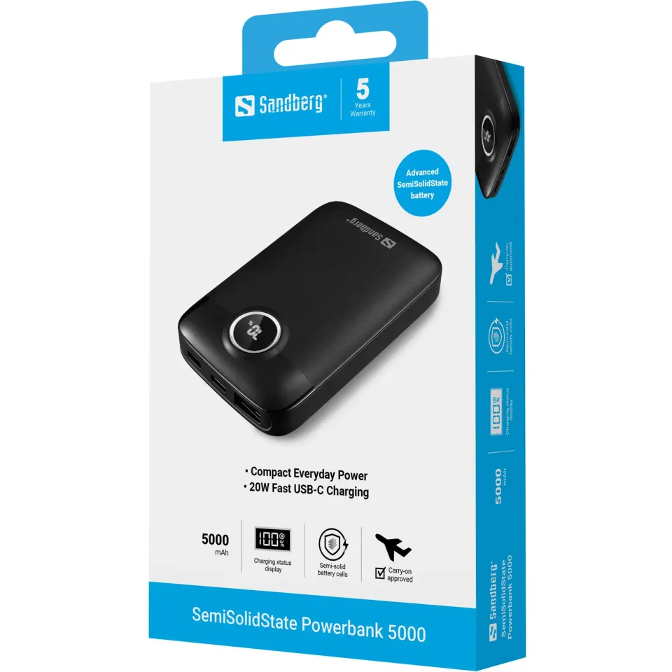 Sandberg SemiSolidState Powerbank 5000 mAh PD20W, kompaktní powerbanka, černá
