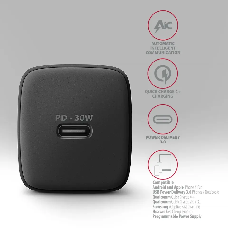 AXAGON ACU-PD30, Sil nabíječka do sítě 30W, 1x port USB-C, PD3.0/PPS/QC4+/SFC/AF