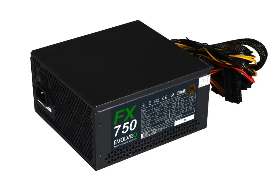 EVOLVEO FX 750, zdroj 750W, 80+ Bronze, ATX 2.2, 2× PCIe, aPFC, tichý 140mm vent
