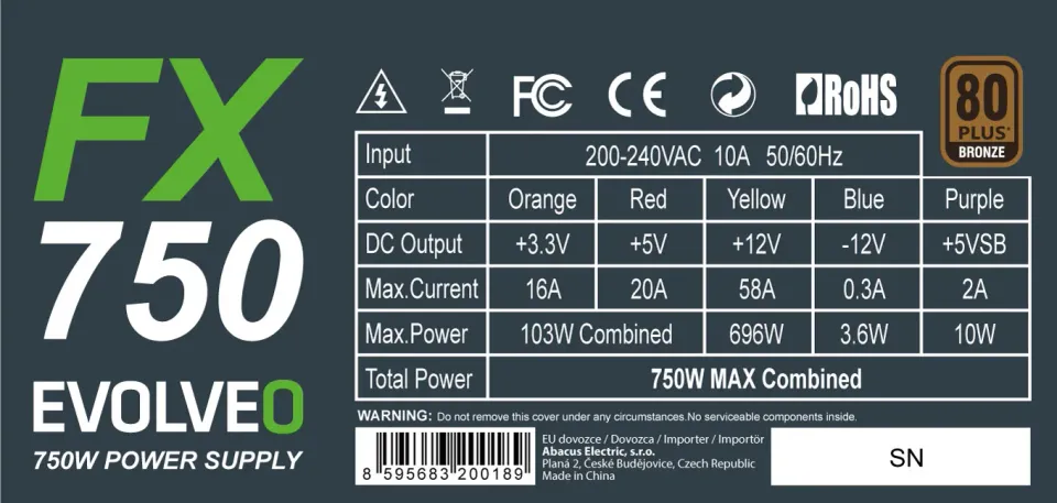 EVOLVEO FX 750, zdroj 750W, 80+ Bronze, ATX 2.2, 2× PCIe, aPFC, tichý 140mm vent