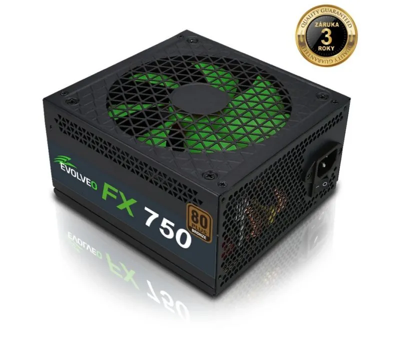 EVOLVEO FX 750, zdroj 750W, 80+ Bronze, ATX 2.2, 2× PCIe, aPFC, tichý 140mm vent