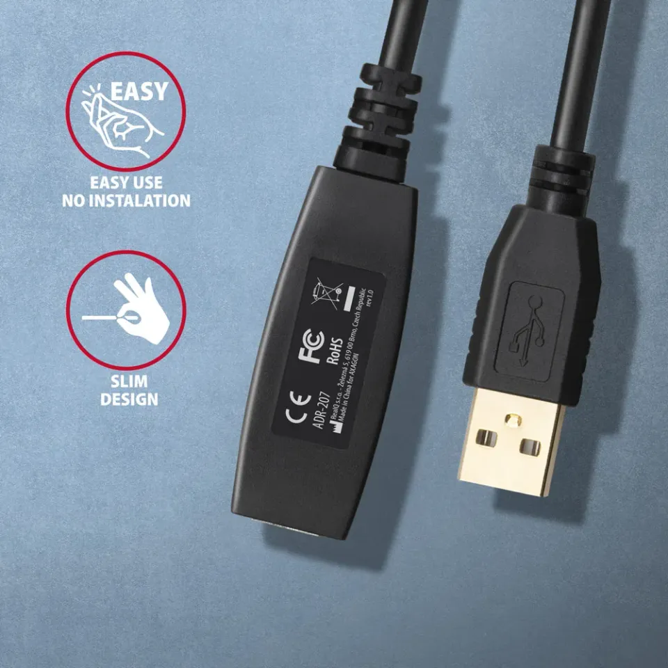 AXAGON ADR-207, USB 2.0 A-M -> A-F aktivní prodlužovací / repeater kabel, 7.5m