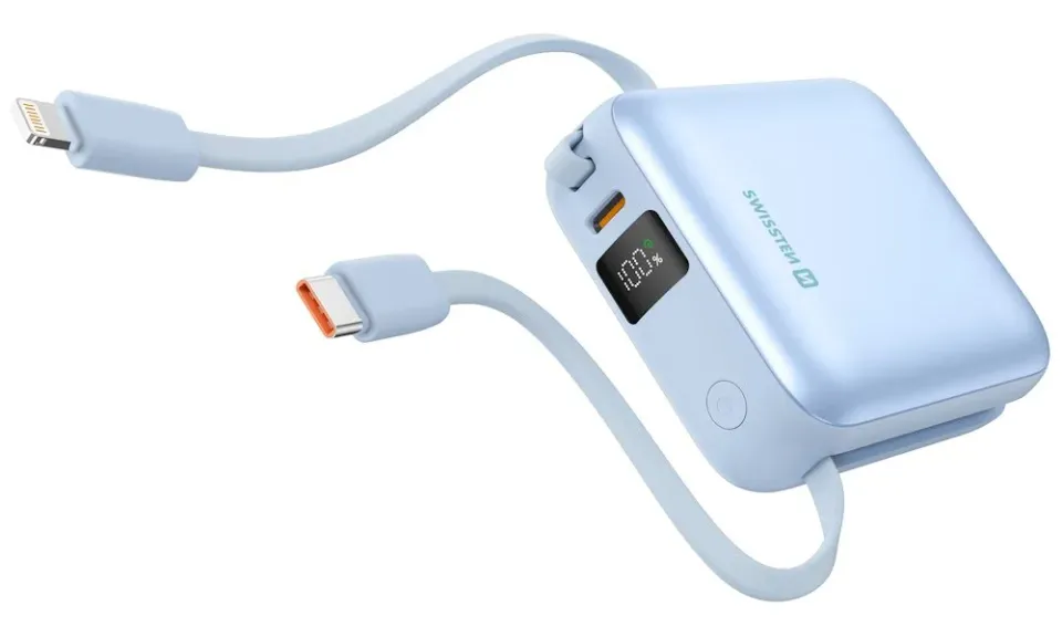Swissten Power Bank Space 10000 mAh S Integrovanými Kabely USB-C A Lightning Modrá