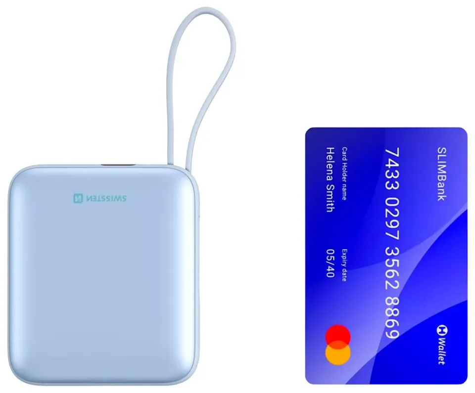 Swissten Power Bank Space 10000 mAh S Integrovanými Kabely USB-C A Lightning Modrá