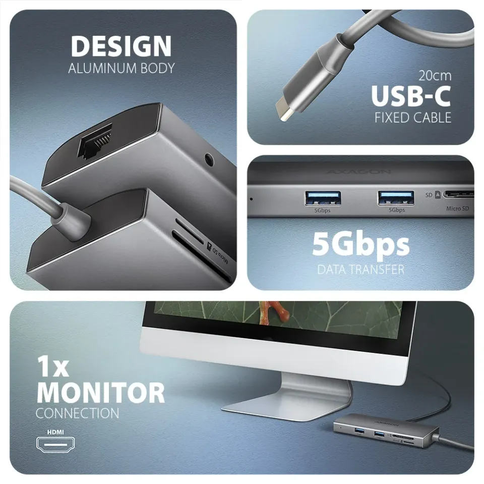 AXAGON HMC-8HLSA, USB 5Gbps hub, 3x USB-A, HDMI 4k/60Hz, RJ-45 GLAN, SD/microSD,