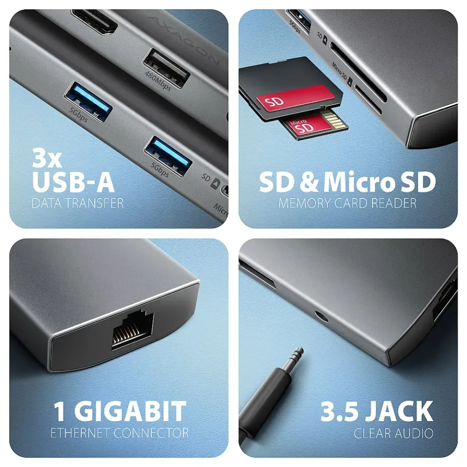 AXAGON HMC-8HLSA, USB 5Gbps hub, 3x USB-A, HDMI 4k/60Hz, RJ-45 GLAN, SD/microSD,