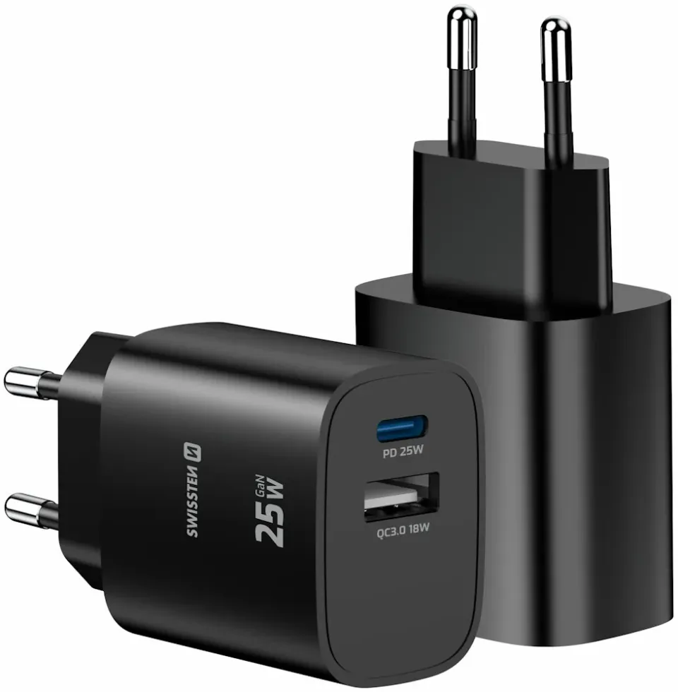 Swissten Síťový Adaptér Edge GaN 1x USB-C PD 25W + 1x USB-A 18W QC Černý