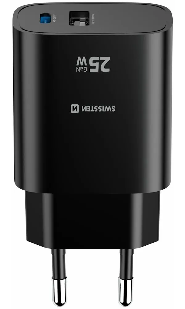 Swissten Síťový Adaptér Edge GaN 1x USB-C PD 25W + 1x USB-A 18W QC Černý