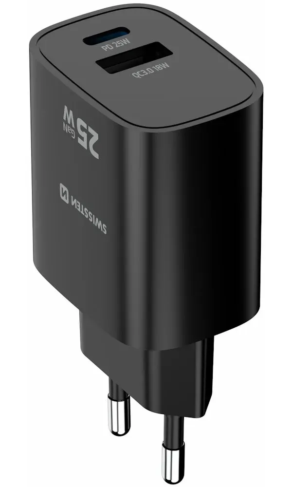 Swissten Síťový Adaptér Edge GaN 1x USB-C PD 25W + 1x USB-A 18W QC Černý